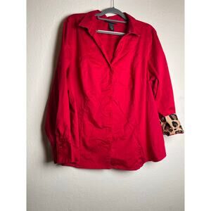 Lane Bryant Women's Cheetah Print Collared Button Up Shirt Red 1X Chic Classic